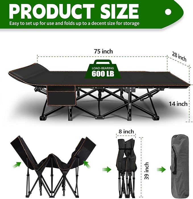 NAIZEA Folding Camping Cots for Adults Folding Cot with Mattress Camping Foldable Bed Portable Military Cot Double Layer Oxford Strong Heavy Duty Sleeping Cots for Camp Office Travel