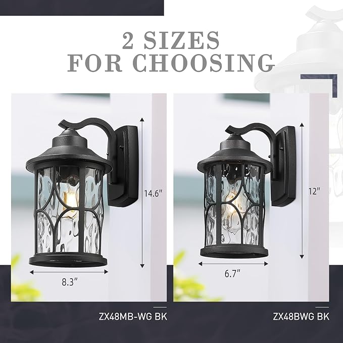 zeyu Modern Outdoor Wall Lights 12 Inch Exterior Wall Lantern Cast Aluminum with Water Ripple Glass Black Finish ZX48BWG BK