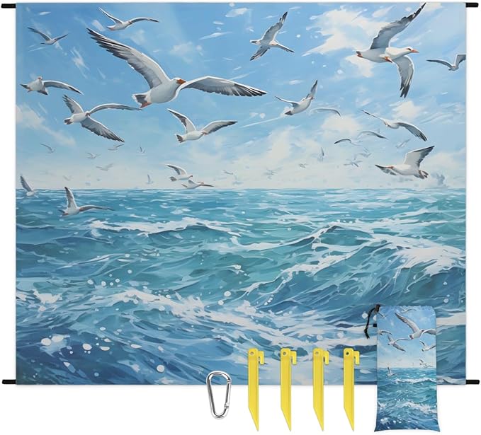 Waterproof Sandproof Beach Blanket 59''×68'' Oceans Polyester Outdoor Picnic Blanket with 4 Stakes &amp Storage Bag for BeachCampingVacation Birds