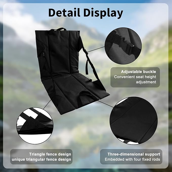 Folding Stadium Seat Cushion with Backrest Portable Bleacher Pad for Camping Fishing15.8'' x 16.5''Lightweight Chair with Backrest for Outdoor Sports and Concerts (Black)