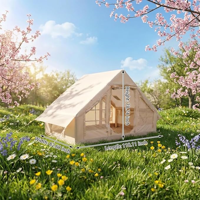 Inflatable Camping Tent with Hand Pump 3-5 Min Setup Glamping Tent for 4 People Waterproof Windproof 4 Seasons Air Cabin Tent with Mesh Windows &amp Chimney Port 118 Oxford Blow Up