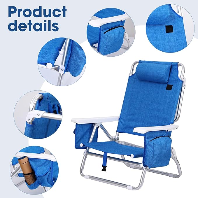 CDEN Backpack Beach Chair Sand Chair Beach Chairs for Adults 7-Position Reclining with Backpack Straps Cooler and Umbrella Cup Holder Outdoor Camping BBQ Travel Picnic (1 Pack)