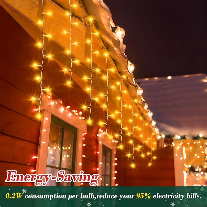 XURISEN 66ft Christmas Lights Decorations Outdoor 640 LED 8 Modes Curtain Fairy Lights with 120 DropsPlug in Waterproof Timer Memory Function for Christmas Holiday Wedding Party Decor(Warm White)