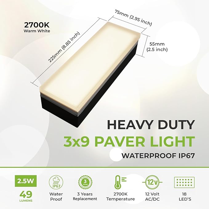 LUMENGY Paver Light 3x9 Inch (2.95x8.85) 2700K Warm White Glare-Free Brick Lighting for Driveways Walkways Pool Decks and Patios 12V Hardwired IP67 Waterproof Drive-Over Rated