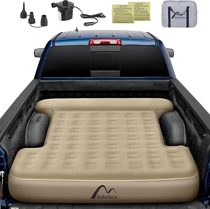 Truck Bed Mattress 5.5-5.8ft for Full Size Pickup Brown Truck Bed Air Mattress Fit for F150 Silverado Leak-Resistant Camping Electric Pump Heavy-Duty Easy Setup Large Carry Bag