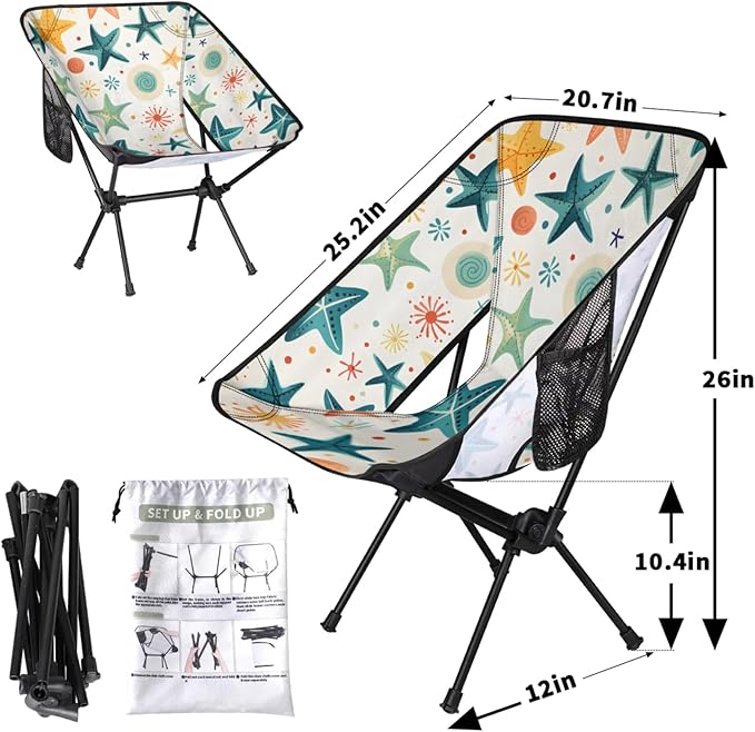 Honeybaby Folding Camping Chair Starfish Pattern Camping Chairs Lightweight Portable Chair Outdoor Foldable Chairs for Camping Travel Picnic Beach Hiking