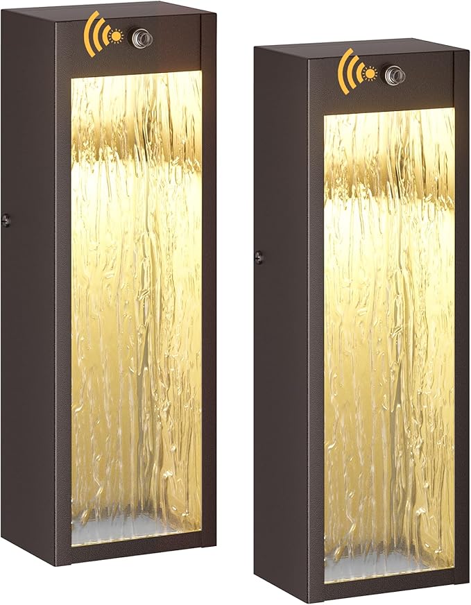 Dusk to Dawn LED Outdoor Wall Light 2 Pack Bronze 15in Exterior Waterproof Porch Sconces Large Modern Water Rippleed Outdoor Lighting Wall Mounted Outside Lantern for Garage Front Door