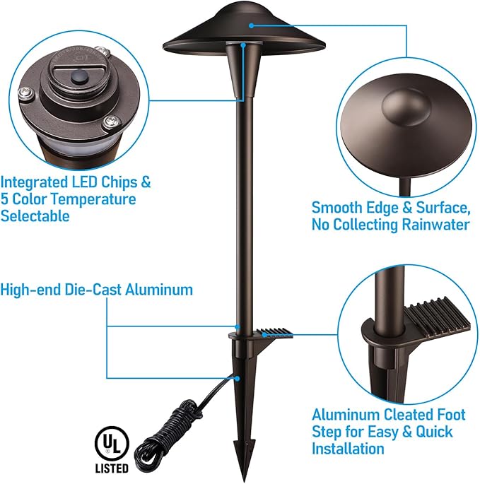 LEONLITE Update 5CCT Low Voltage Pathway Lights LED Landscape Path Lights 1800/2700/3000/4000/5000K Saucer Head 12-24V AC/DC IP65 Outdoor Walkway Light Oil Rubbed Bronze Aluminum Pack of 6