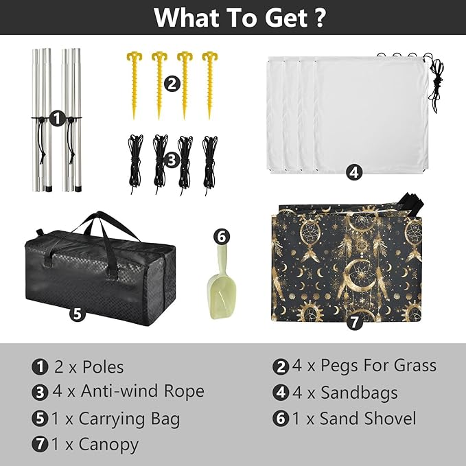 ALAZA Gold Dreamcatcher Moon Beach Tent Sun Shelter UPF50+ Protection Beach Shade Canopy w/ 4 Sandbags for Outdoor Camping Fishing Backyard Fun Picnic 10x9 ft