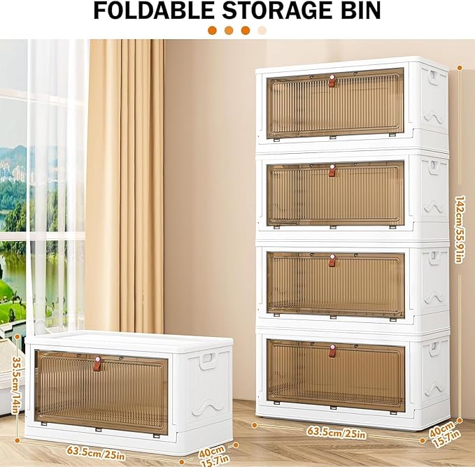 4 Tier Storage Bins with Lids 102QT Stackable Storage Containers with Wheels Folding Boxes Extra Large Collapsible Bins White