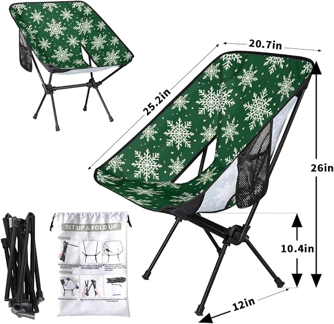 Portable Camping Chair Christmas Snowflakes Ultralight Folding Camping Chair Gothic Snowflakes Backpacking Hiking Chair with Cup Holder for Outdoor Travel Beach Picnic Festival 176 lbs Capacity