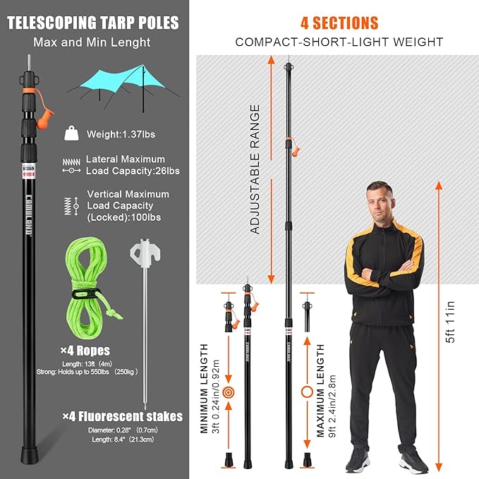 Tent Poles for Tarp CAMULAND Telescoping Camping Gear Accessories Stakes for Hammock Rain Fly Sun Shade Adjustable Lightweight Aluminum Set of 34.5 - 110.2 Hiking Awning/Outdoor with Carry Bag