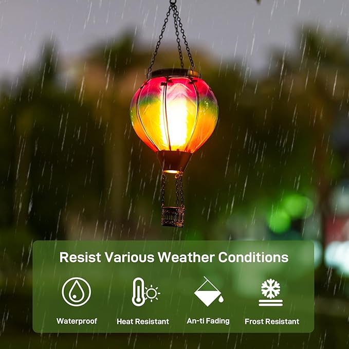 Solar Hot Air Balloon Lantern with Flame Hanging Glass Hot Air Balloon Solar Lantern Waterproof Decorative Outdoor Hot Air Balloon Solar Light for Outside Garden Patio (Purple Gradient)