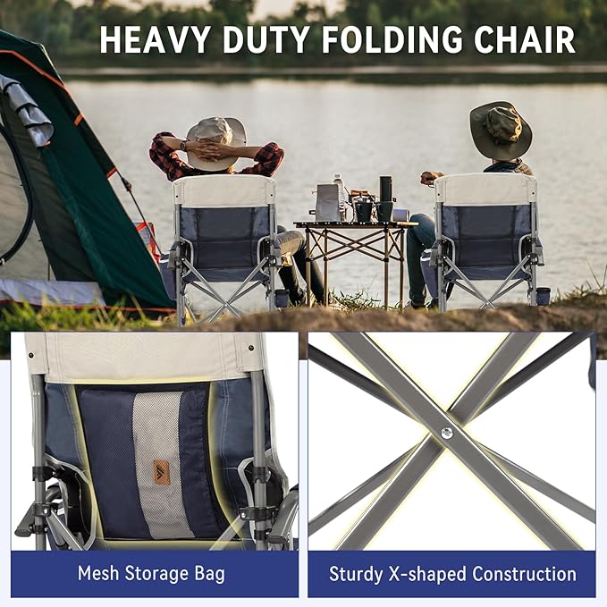 Ablazer Camping Chairs for Adults Support 350 LBS Folding Chairs for Outside Lawn Chairs Heavy Duty with Cooler Bag &amp Cup Holder (Blue &amp Grey)