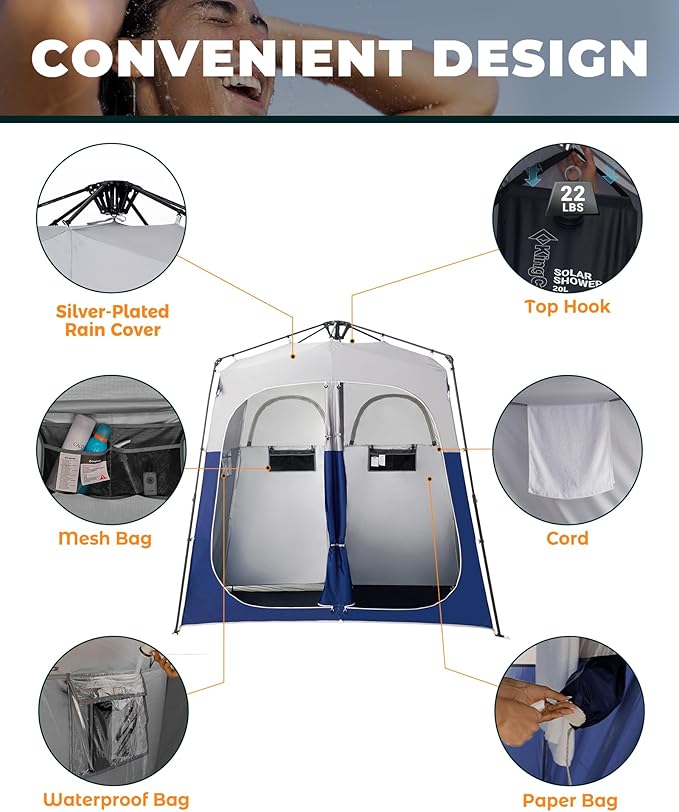 KingCamp Instant Shower Tent Portable Superior Stable Privacy Shelter 2 Large Rooms Outdoor Toilet Tent with Floor for Beach Camping &amp Hiking Setup in Under 60s
