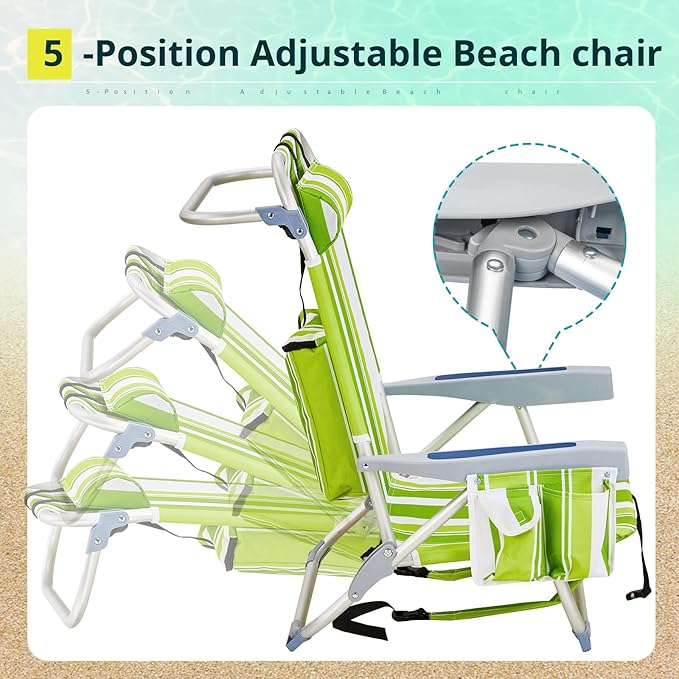 Backpack Beach Chairs Low 5 Position Beach Chair with Pouch Straps Folding Lightweight Reclining Aluminum Lay Flat Single (Green Stripes Low)