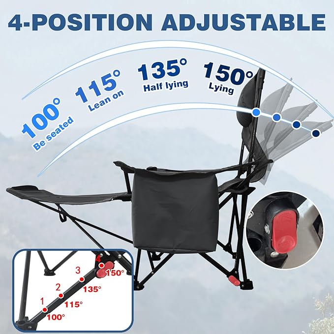 Reclining Camping Chair 4 Position with Foot Rest Comfortable for Adults 265Ibs Folding Lounger Mesh Beach Chair with Cooler BagCotton Cushion and Cup Holder for Outdoor Patio