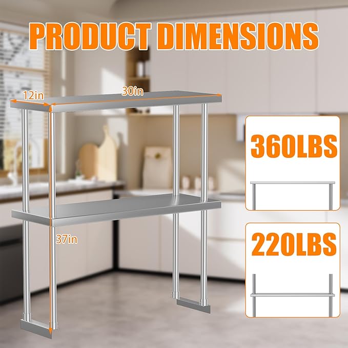 12X30 Stainless Steel Double Overshelf 2-Tier Adjustable NSF Certified Shelf for Prep &amp Work Table Commercial Restaurant Kitchen Garage Utility Room Use