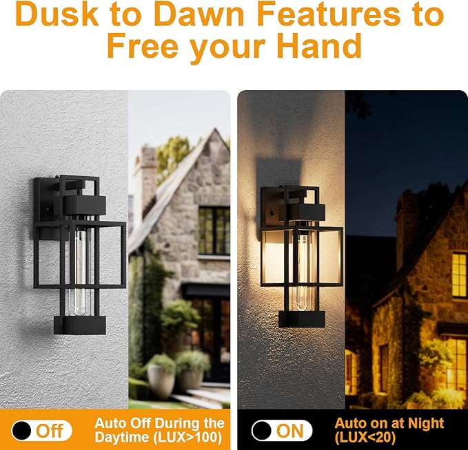 Hotsonic 2 Pack Dusk to Dawn Outdoor Exterior Lighting Fixtures Wall Mount 15'' Dimmable Porch Lights for Outside Waterproof Wall Lantern Lamps Black Sconce Coach Lights for House Garage