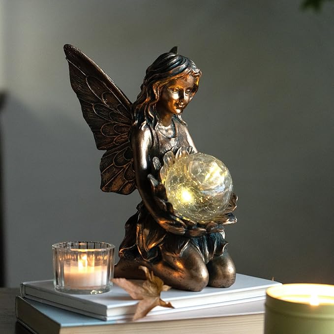 Garden Statues Outdoor Flower Fairy DecorSolar Powered Outdoor Resin Statues-Patio Lawn Yard Porch Funny Fairies Ornaments Figurines for Outside Garden Gifts8.31 Inches Tall