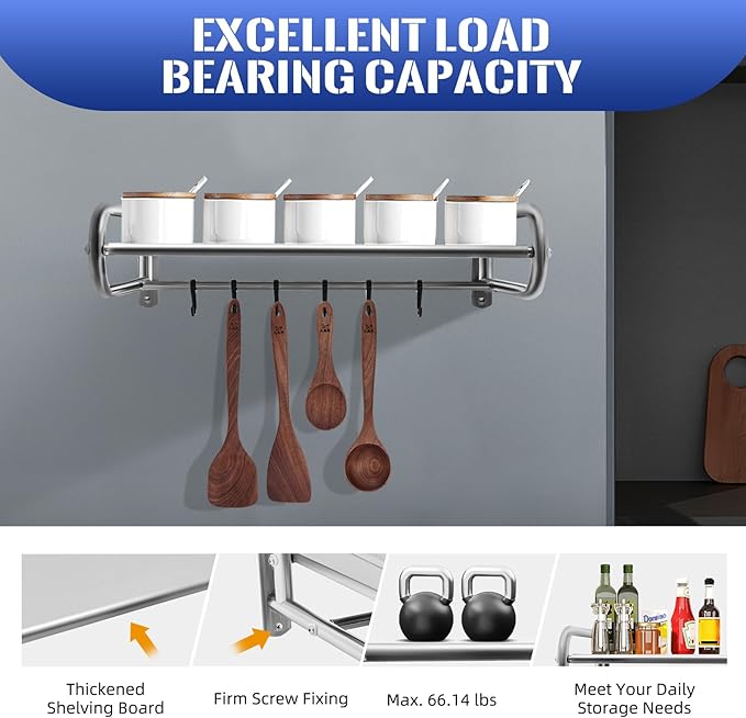 Microwave Oven Shelf Wall Mount Stainless Steel Over The Stove Bracket Holder with 6 Hooks Microondas Rack for Dorm Apartment Kitchen Bedroom W20.8 X D14.9 X L7.1in