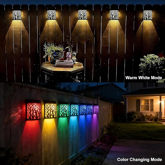 DenicMic Solar Wall Lights Outdoor Wall Sconce Fence Lighting for Patio Front Door Yard Deck Stair Led Forest Decorative Lamps Waterproof Warm White Color Changing (4 Pack)