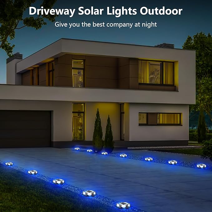 T-SUN Solar Driveway Lights Outdoor 12 Pack Waterproof Deck Lights LED Blue Driveway Marker Light for Step Garden Sidewalk Stair Ground Pathway