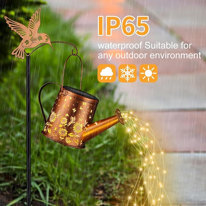 Outdoor Hanging Solar Lantern Waterproof Set Outside Metal Sunflower &amp Butterfly watering can Landscape Lights for Garden Yard Patio Pathway Decor Birthday Gifts for Women Mom Grandma -With Floor