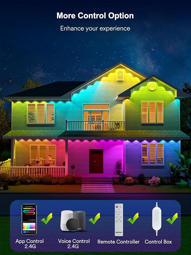 ANGELHALO Permanent Outdoor Lights Pro 155ft with 108 LED Lights for Daily and Accent Lighting Multiple Scene Modes Eaves Lights with Warm and Cool White Light IP65 Waterproof Works with Alexa