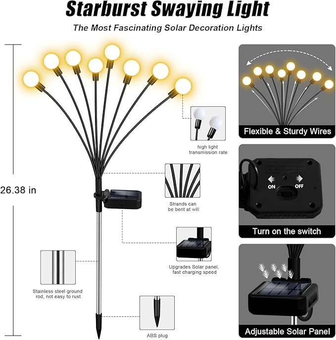 Solar Garden Lights Outdoor 4 Pack 32LED Swaying Light Waterproof Solar Lights Outdoor for Yard Pathway Patio Swaying Lawn Decor as Gardening Gifts for Women Holiday