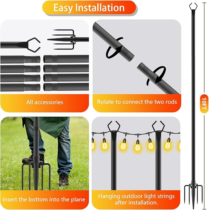 LETIANPAI 8 Pack String Light Poles10 FT Metal Poles with Fork for Outdoor String LightsOutdoor Light Poles with ForkPoles/Post/Stand for Outside