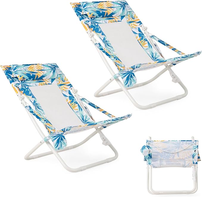 Giantex 2-Pack Folding Beach Chair Low Lawn Chairs with Padded Head Pillow Mesh Back Cup Holder and Armrests Portable Outdoor Lounge Chair for Camping Sunbathing Picnic Fishing