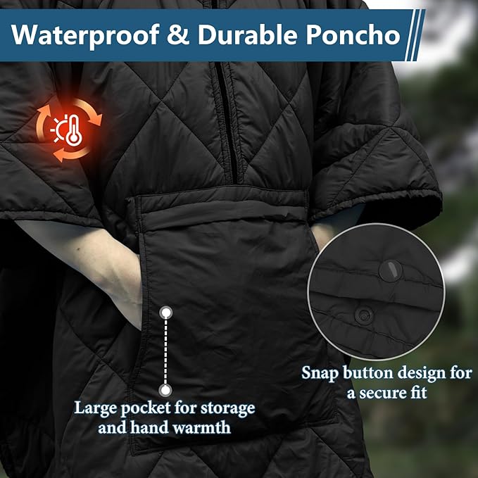Camping Outdoor Blanket Ultralight Down Alternative Printed Travel Camp Blankets for Sleeping Packable Waterproof Puffy Quilt for Hammock Picnic Stadium Beach Cold Weather (Black Blanket Poncho)