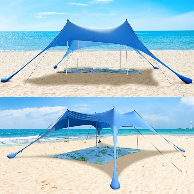 Beach Canopy Tent with UPF50+ Protection Sun shelter Umbrella Portable Camping Tents 12X12FT Include Beach Blanket Phone Case with Sandbags Poles Anti-Wind Ropes for Beach Camping Backyard Picnics