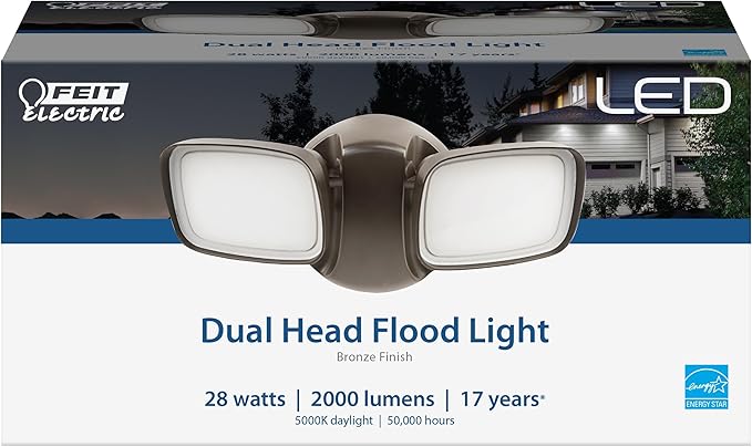 Feit Electric LED Security Outdoor Light 28W LED Waterproof Flood Light Adjustable Dual Head 2000 Lumens 5000K Daylight 50000 Hour Lifespan Bronze S9DFL/850/BZ/V1
