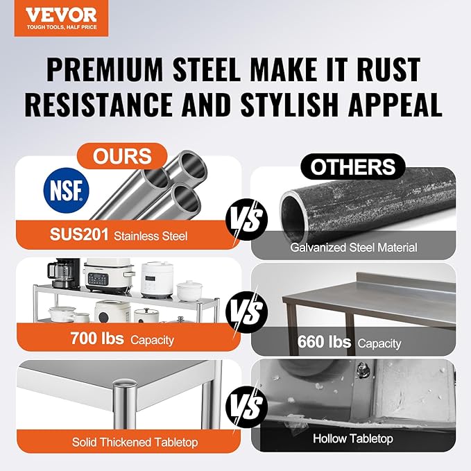 VEVOR Double Tier Stainless Steel Overshelf 12 x 72 Inch Double Deck Height Adjustable Prep Work Table for Kitchen Restaurant and Workshop