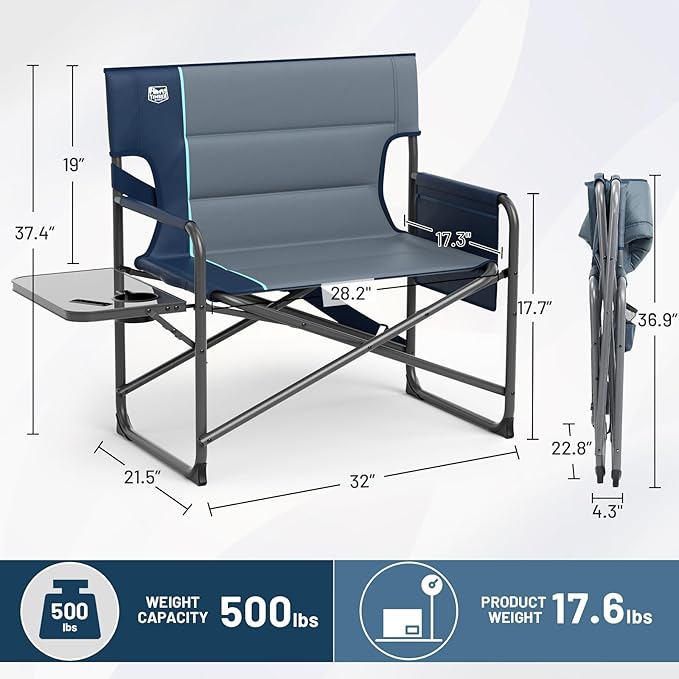 Timber Ridge XXL Director’s Chair – Heavy Duty Folding Camping Chair for Adults 500 lb Capacity Extra Wide Padded Seat for Camping Sports Lawn Courtyard and Outdoor Use Blue