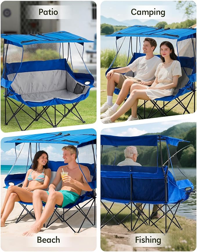 CLIPOP Double Camping Chair with Canopy Portable Outdoor Folding Chair with Cup Holders Side Pocket Oversized Beach Chair with Canopy Shade for Lawn Patio Hiking Blue