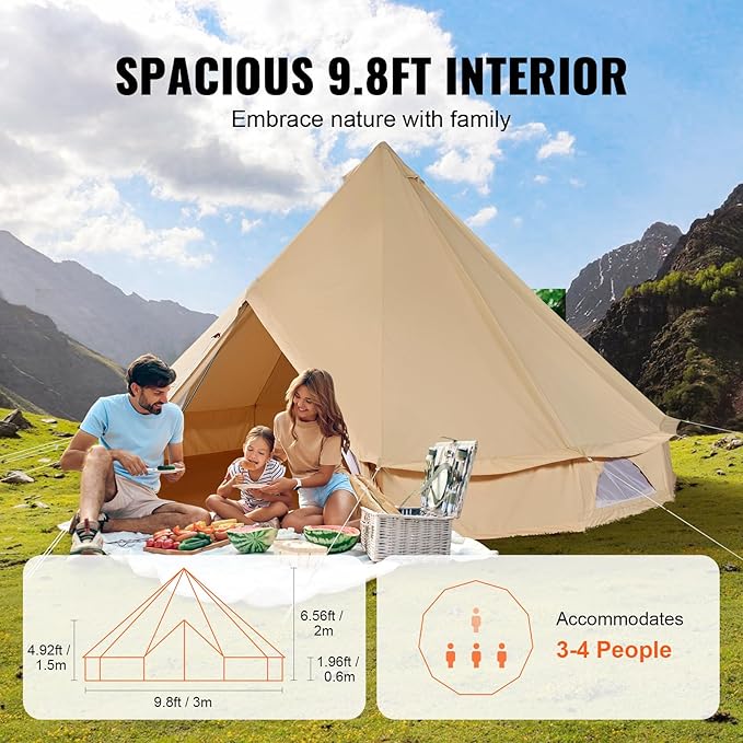 VEVOR Canvas Tent Bell Yurt 4 Seasons for Camping with Stove Jack Breathable Holds up to 4 People Family Camping Outdoor Hunting Party