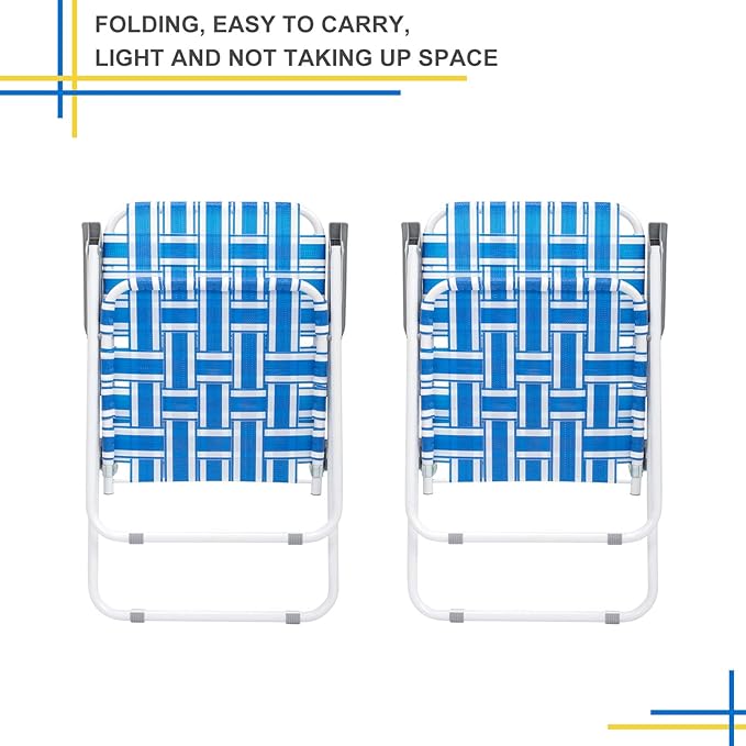 Set of 2 Folding Patio Lawn Chairs Webbed Folding Chair Outdoor Beach Chair High Back Seat Portable Camping Chair for Yard Garden (Blue White)