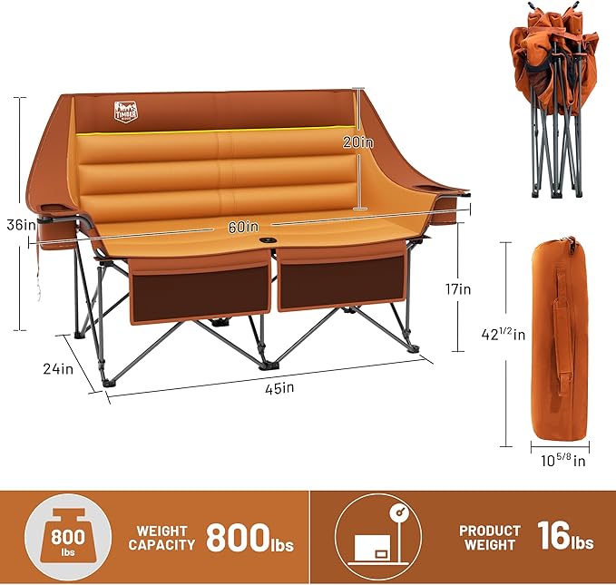 Timber Ridge Double Camping Chair Heavy Duty Outdoor Folding Camp Couch Loveseat Camping Chairs Perfect for Campsites Patio/Lawn Soccer Games or Other Youth Sports Supports 600 lbs