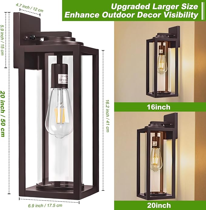 20inch Large Outdoor Wall Lights 2 Packs - Oil Rubbed Bronze Exterior Light Fixture with Clear Glass Shade Waterproof Porch Lighting for House Farmhouse Sconces Lantern for Front Door Garage