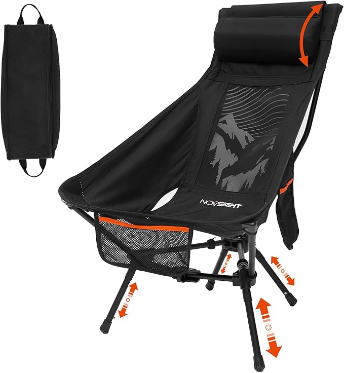 NOVSIGHT Camping Chairs - High Back Camping Chair with Adjustable Headrest and Feet Lightweight Aluminum Frame Breathable Mesh Folding Portable Camp Chair for Outdoor Hiking Beach Picnic