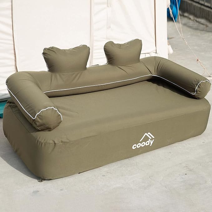 COODY Air Sofa Inflatable Couch for Home &amp Outdoor Blow Up Camping Sofa Built-in Pump Portable Folding Couch Glamping Inflatable Double Chair Movie Loveseat - 61x32x32 (Khaki)