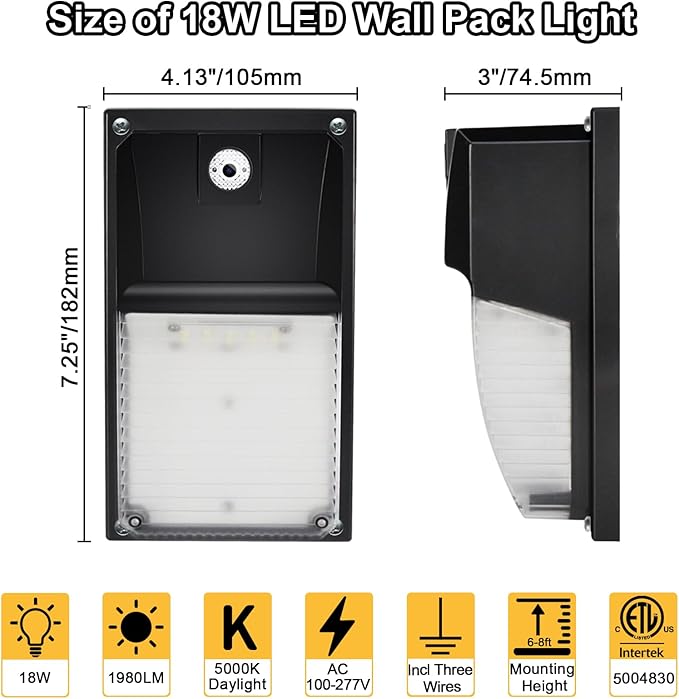 HiBay 4-Pack 18W Dusk to Dawn LED Wall Lights 1980LM 5000K Daylight IP65 Outdoor Porch Light Fixtures Eqv 60-100W HPS/HID Photocell Wall Pack Outside Lighting for House AC 100-277V