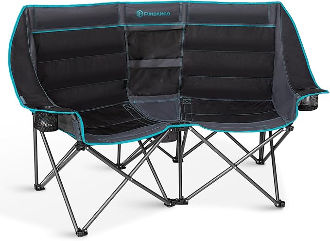 FUNDANGO Extra Wide Double Camping Chair for Adults with Cooler Oversized 2 Person Loveseat Padded Heavy Duty Two Person Folding Lawn Couch seat with Cup Holders for Outdoor Camp Sports &amp Lawn