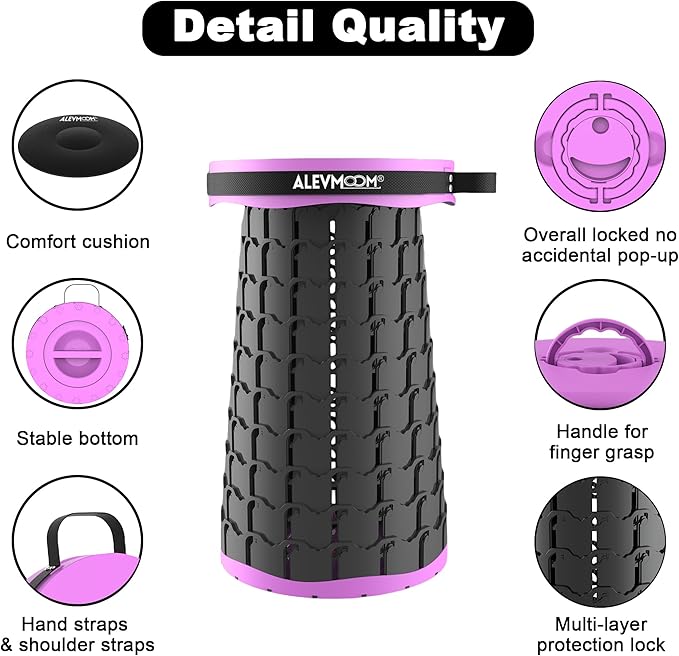 ALEVMOOM Upgraded 19.7 XXL Collapsible Stool with Cushion Portable Telescoping Stool Capacity 1000lbs Heavy Duty Retractable Folding Chair for Adults for Camping Fishing Hiking BBQ