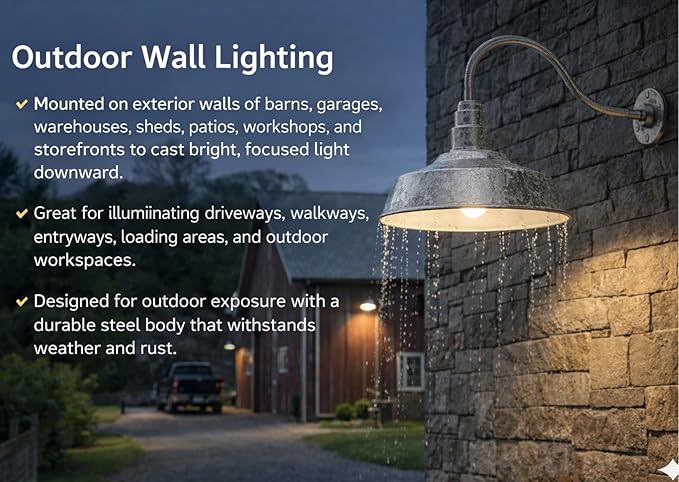 AGB102-AS20-GALVANIZE Gooseneck Barn Light - Galvanize Outdoor Dome with Incandescent Downlight | Wall-Mount Fixture for Patios Gardens Pathways and Large Outdoor Living Spaces