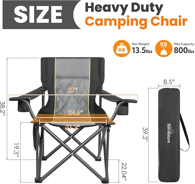 Outdoor Large Camping Chairs for Adults Heavy Duty Camp Chair Support 800lbs King Kong Folding Chairs with Padded and Pocket for Outside Sports Lawn Built Durable and Reliable Black