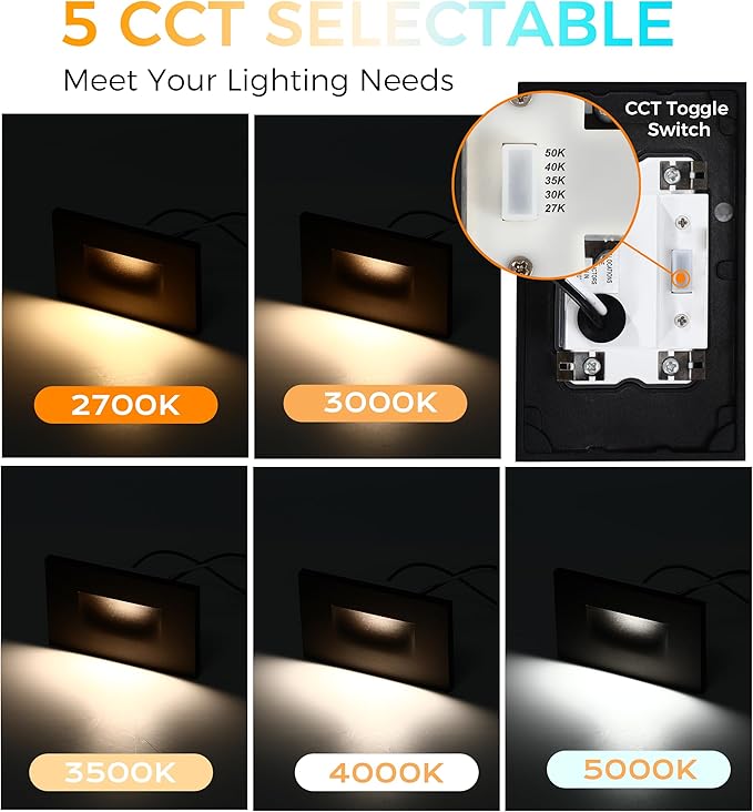 CLOUDY BAY 120V 5CCT Dimmable LED Indoor Outdoor Step Light2700K/3000K/3500K/4000K/5000KStair LightBlackPack of 6
